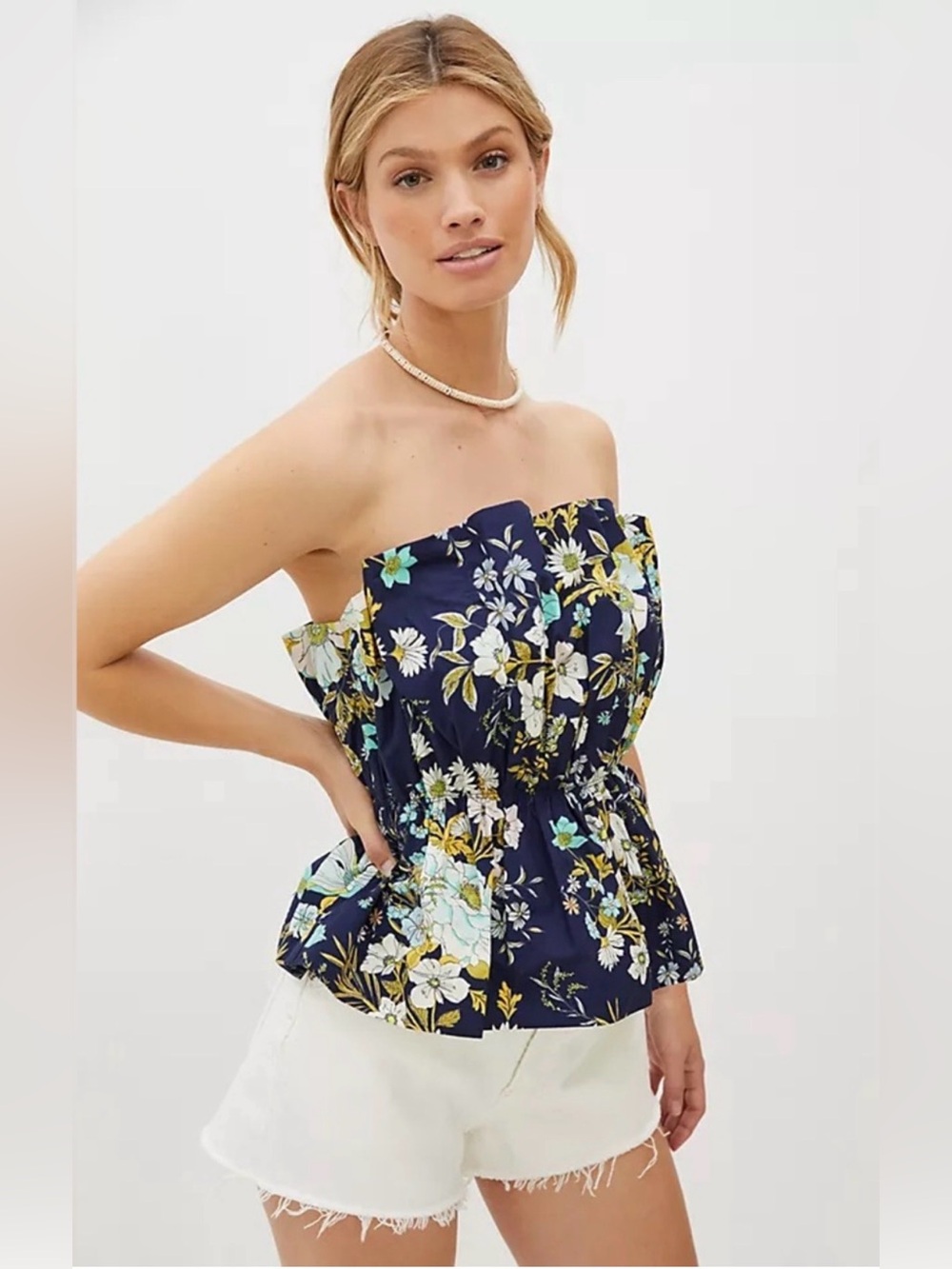 Anthropologie Navy Floral Ruffle Peplum strapless Top size M